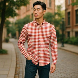 J Crew Flex Washed Rust & White Gingham Checked Slim Fit Button-Down Shirt XL